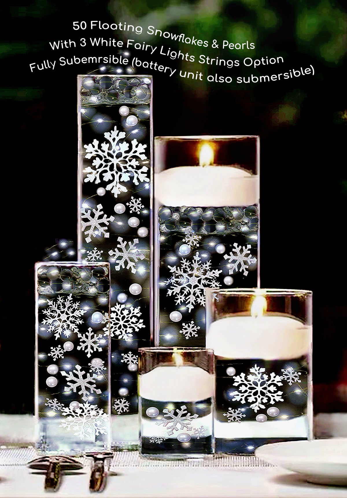 50 Floating White Snowflakes & Pearls- With Transparent Water Gels Fills 1 Gallon for Your Vases- Option: 3 Submersible LED Fairy Lights Strings with Hidable and Submersible Batteries
