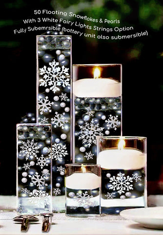 50 Floating White Snowflakes & Pearls- With Transparent Water Gels Fills 1 Gallon for Your Vases- Option: 3 Submersible LED Fairy Lights Strings with Hidable and Submersible Batteries