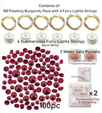 100 Floating Burgundy Pearls with Matching Sparkling Gems-Large Sizes-Fills 4 Medium Size Vases of The Floating Transparent Gels-Measured Gels Prep Bags-Option of 6 Submersible Fairy Lights Strings