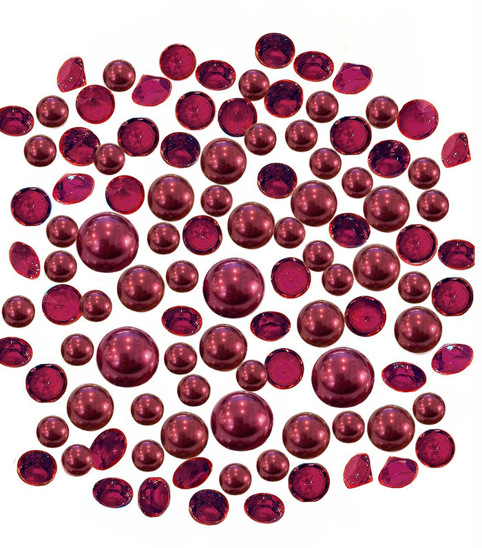 100 Floating Burgundy Pearls with Matching Sparkling Gems-Large Sizes-Fills 4 Medium Size Vases of The Floating Transparent Gels-Measured Gels Prep Bags-Option of 6 Submersible Fairy Lights Strings