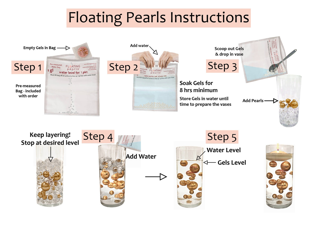 100 "Floating" White Pearls and Matching Gems-Shiny-Fills 2 Gallons of Floating Pearls, Gems and the Transparent Gels for Vases-With Exclusive Gels Prep Bags-Option: 6 Submersible Fairy Lights Strings