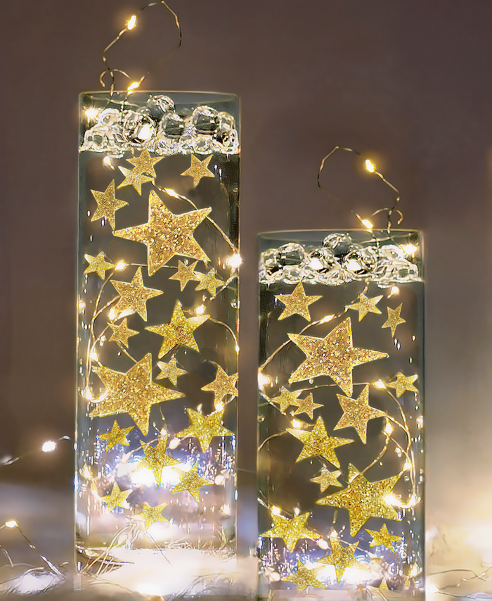 50 Floating Sparkling Gold Stars-Large Sizes-Fills 1 Gallon of Transparent Floating Gels for Your Vases - With Gels Measured Prep Bags - Option of 6 Submersible Fairy Lights Strings