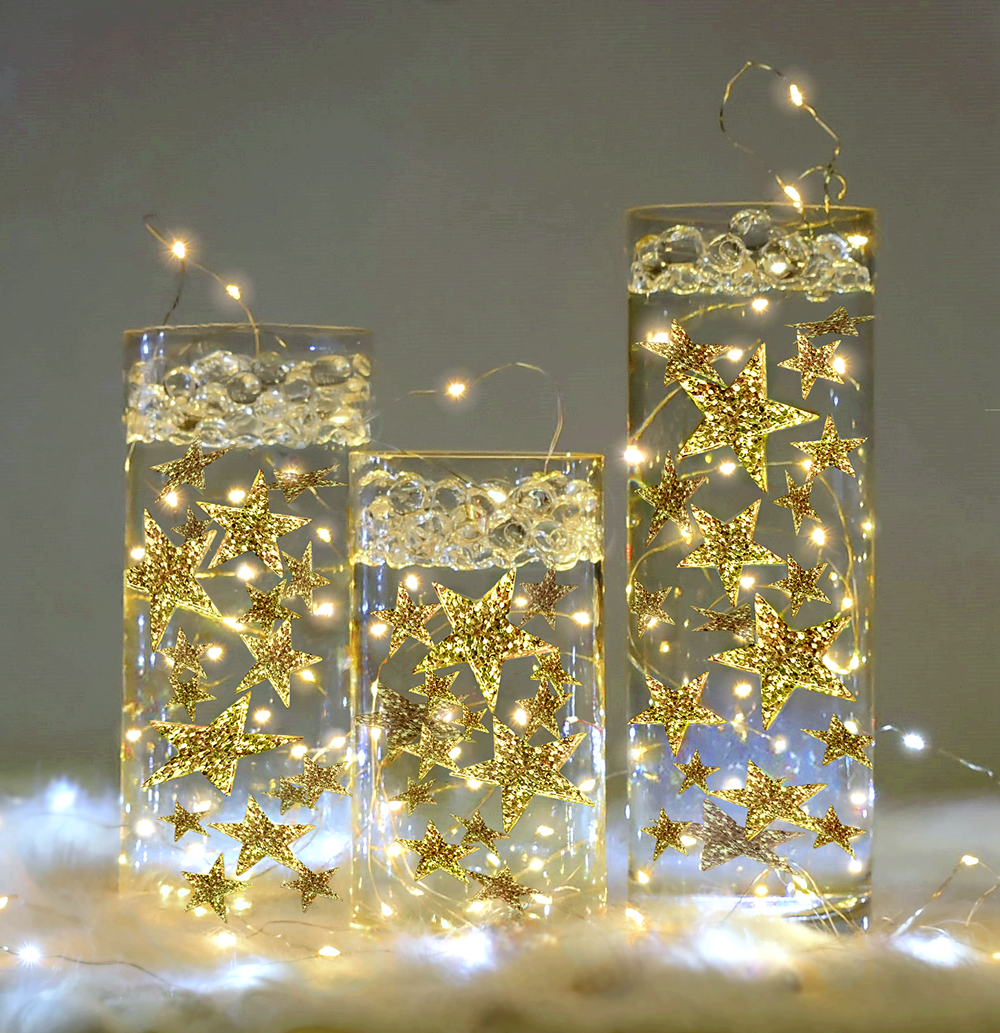 Schwebende goldene Glitzersterne mit optionaler Lichterkette – Vasendekorationen – Tischstreuer