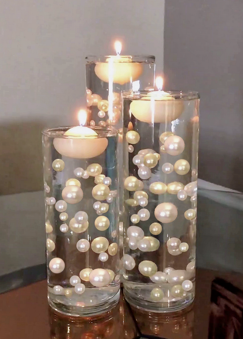 75 Floating Ivory/Off White Pearls-Shiny-Jumbo Sizes-Fills 1 Gallon of Floating Pearls & the Transparent Gels for the Floating Effect-With Exclusive Measured Gels Prep Bag-Option 3 Submersible Fairy Lights Strings