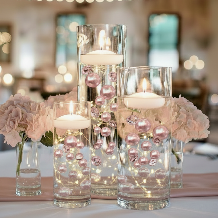 120 perles "flottantes" roses et blanches avec des accents de pierres précieuses étincelantes - Décorations de vase sans trou et tailles assorties et dispersions de table