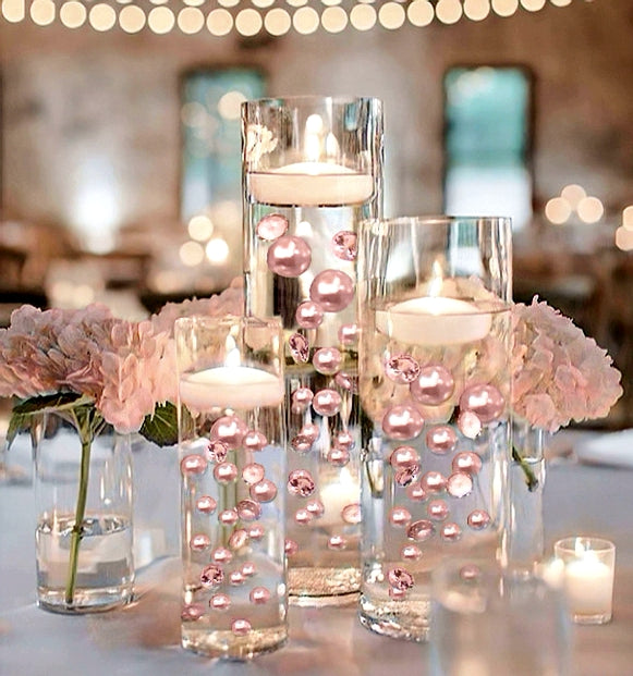 100 Floating Light Pink Pearls with Matching Gems- Large Sizes- Fills 2 Gallons of Transparent Floating Gels for Your Vases - With Gels Measured Prep Bags - Option of 6 Submersible Fairy Lights Strings