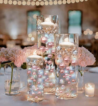 100 Floating Light Pink Pearls with Matching Gems- Large Sizes- Fills 2 Gallons of Transparent Floating Gels for Your Vases - With Gels Measured Prep Bags - Option of 6 Submersible Fairy Lights Strings