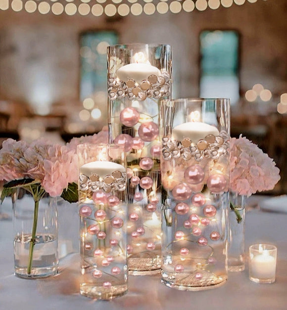 100 Floating Light Pink Pearls with Matching Gems- Large Sizes- Fills 2 Gallons of Transparent Floating Gels for Your Vases - With Gels Measured Prep Bags - Option of 6 Submersible Fairy Lights Strings