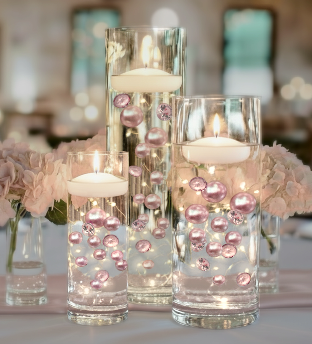 120 "Floating" Blush Pink & White Pearls mit funkelnden Edelsteinakzenten - No Hole Jumbo & Assorted Sizes Vase Decorations and Table Scatters