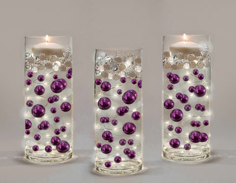 75 Purple Plum Floating Pearls-Fills 1 Gallon of Floating Transparent Gels for Vases-With Pre-Measured Prep Bag-With Option of 3 Fairy Lights Stings
