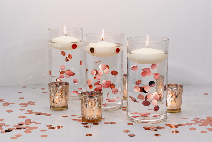 Confettis "flottants" or rose métallisé avec option guirlande lumineuse - décorations de vase et dispersion de table