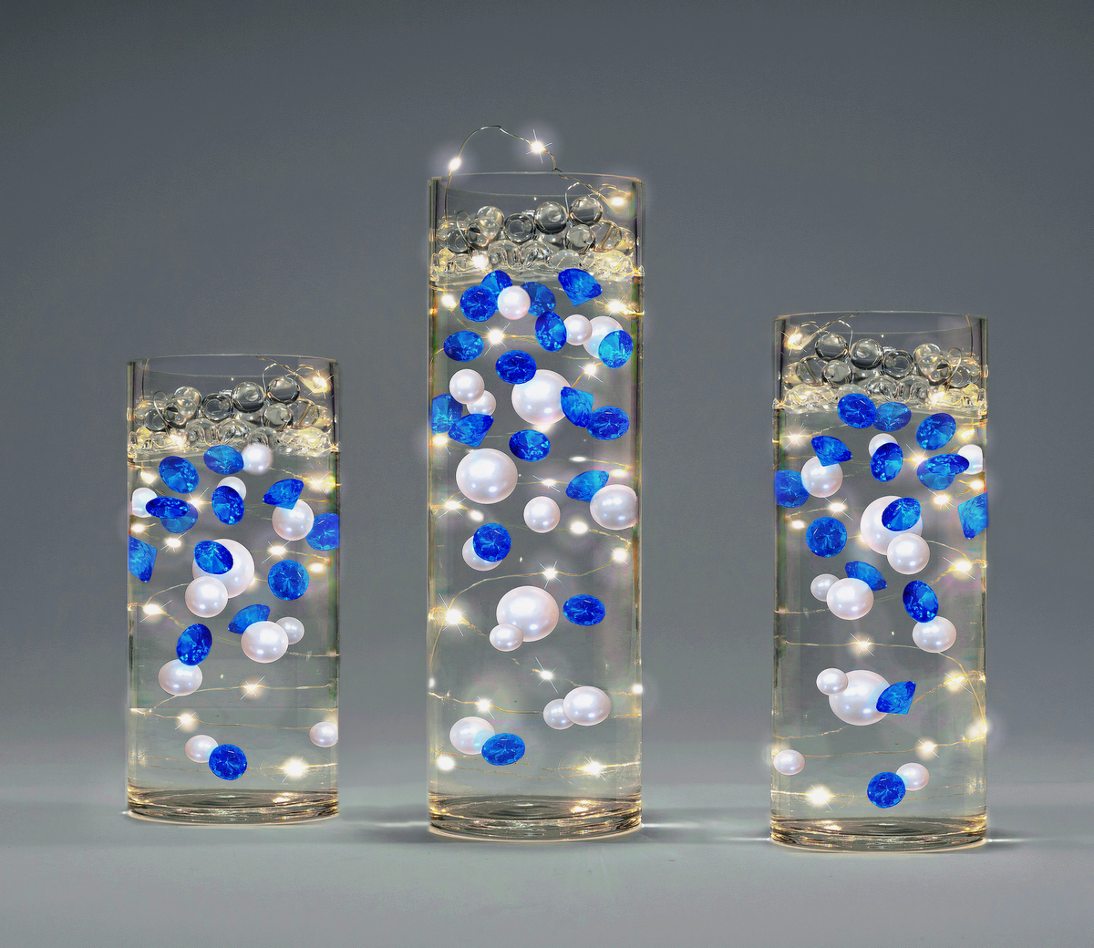 100 Floating Royal Blue Gems & White Pearls-Shiny-Jumbo Sizes-Fills 2 Gallons of Transparent Gels for the Floating Effect-With Gels Prep Bags-Option: 6 Submersible Fairy Lights Strings