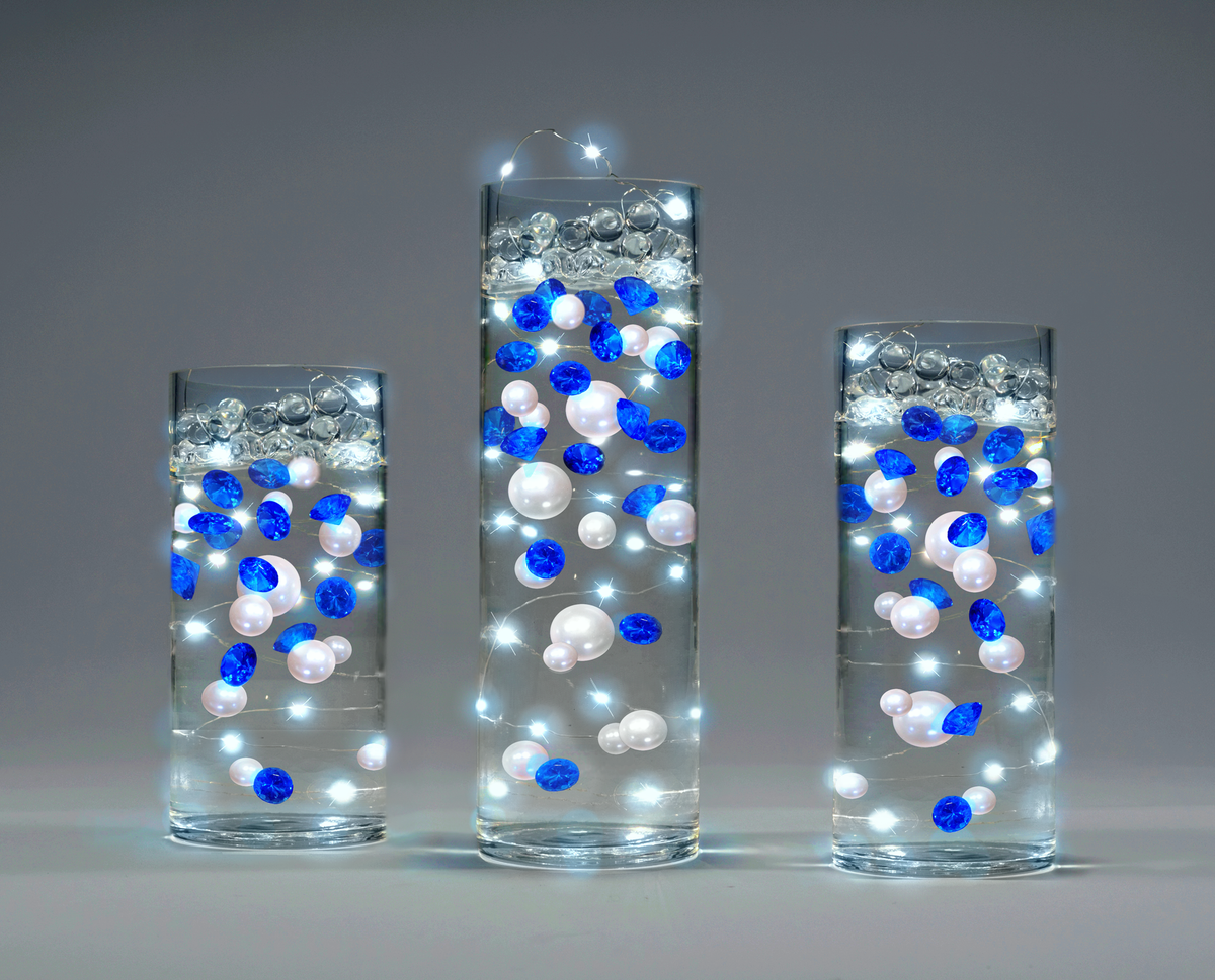 100 Floating Royal Blue Gems & White Pearls-Shiny-Jumbo Sizes-Fills 2 Gallons of Transparent Gels for the Floating Effect-With Gels Prep Bags-Option: 6 Submersible Fairy Lights Strings