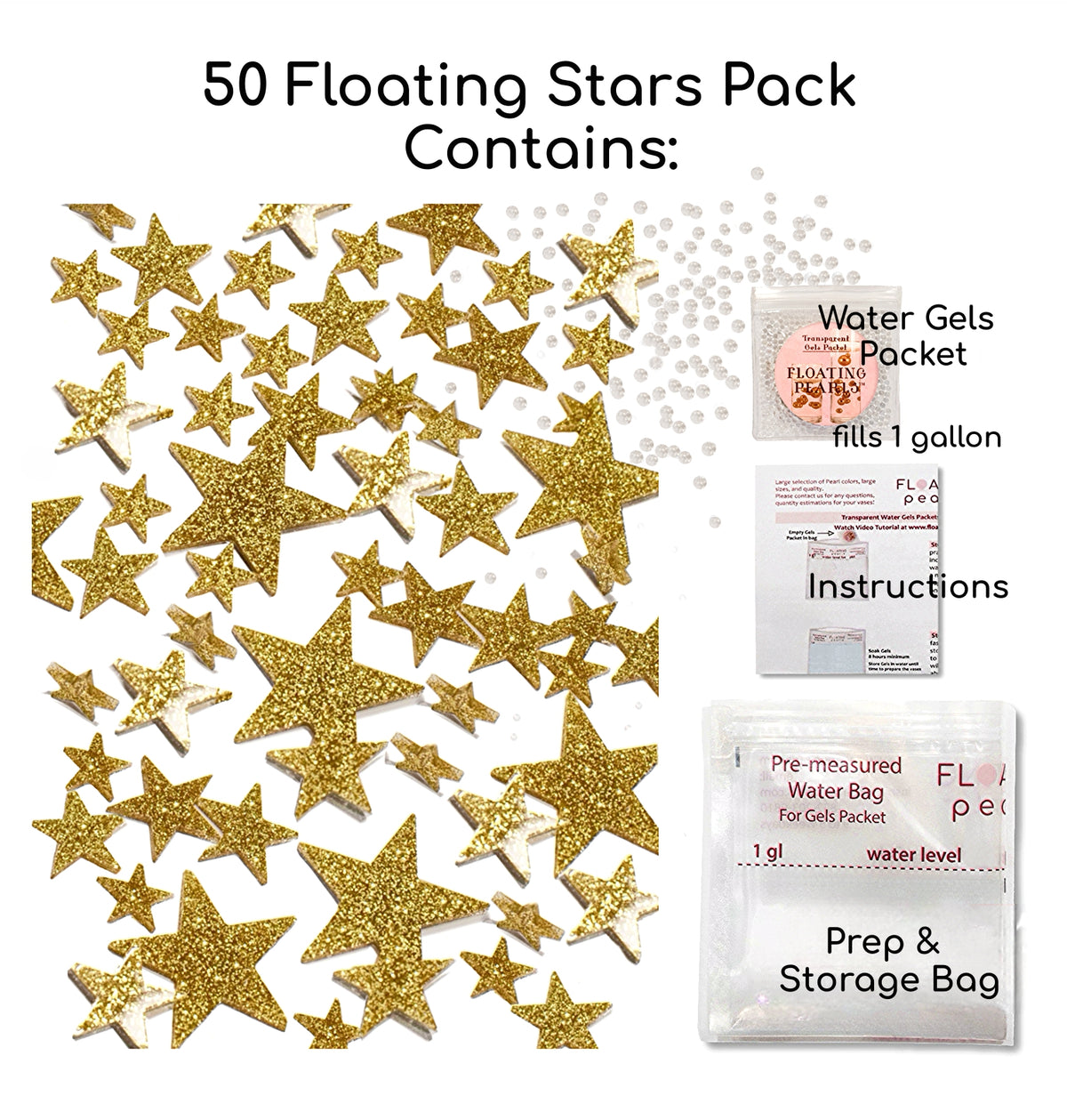 50 Floating Gold Stars- Sparkling- Large Sizes- Fills 1 Gallon of the Transparent Floating Gels for Your Vases- With Pre-Measured Prep Bags- Option of 3 Submersible Fairy Lights Strings