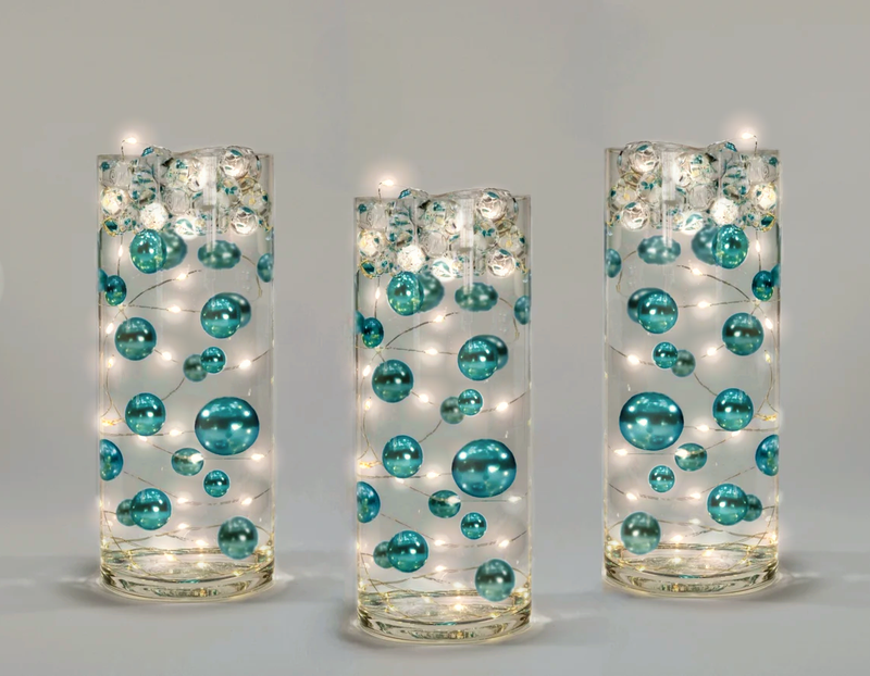 50 Floating Turquoise Blue/Teal Pearls-Fills 1 Gallon of The Transparent Gels for The Floating Effect-With Measured Gels Prep Bag-Option of 3 Fairy Lights Strings