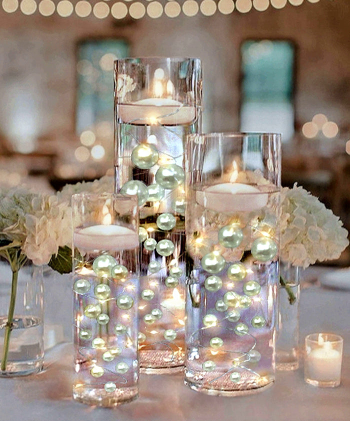 75 Floating White Pearls- Fills 1 Gallon of the Floating Pearls & Transparent Water Gels for Your Vases- With Measured Prep Bag- And Option of 3 Submersible Fairy Lights Strings