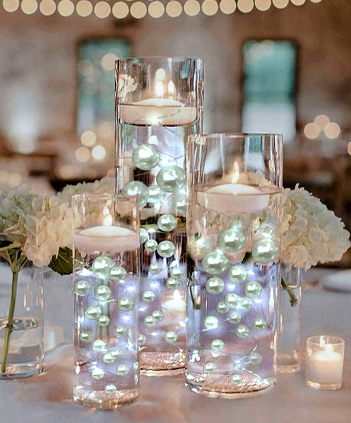 75 Floating White Pearls- Fills 1 Gallon of the Floating Pearls & Transparent Water Gels for Your Vases- With Measured Prep Bag- And Option of 3 Submersible Fairy Lights Strings