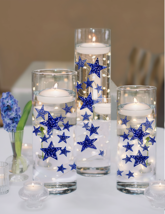 50 étoiles flottantes bleues - Grande taille étincelante - Fait 1 gallon pour vos vases - Kit de gels flottants transparents inclus - Option 3 guirlandes lumineuses LED submersibles avec batterie cachée et submersible