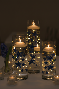 50 étoiles flottantes bleues - Grande taille étincelante - Fait 1 gallon pour vos vases - Kit de gels flottants transparents inclus - Option 3 guirlandes lumineuses LED submersibles avec batterie cachée et submersible
