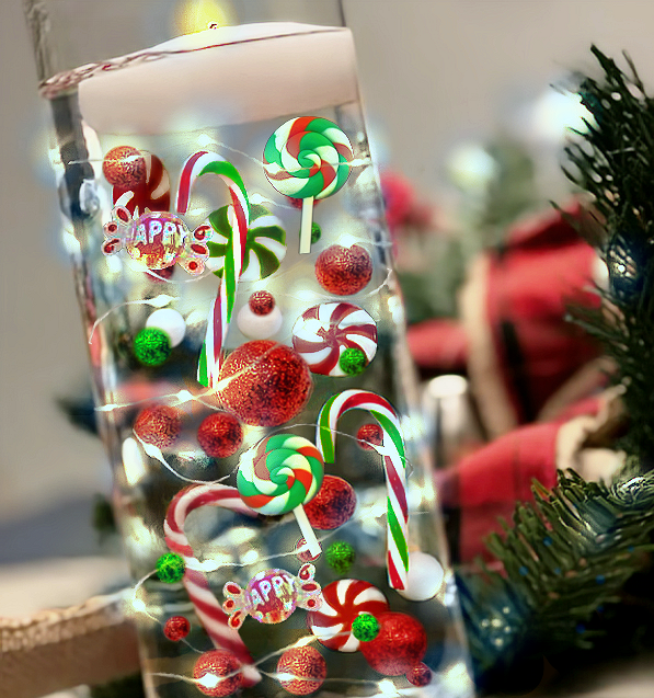 Candyland de Noël "Flottant" : Cannes de Bonbon, Sucettes, Gemmes Festives Rouges et Vertes - Décorations de Vase