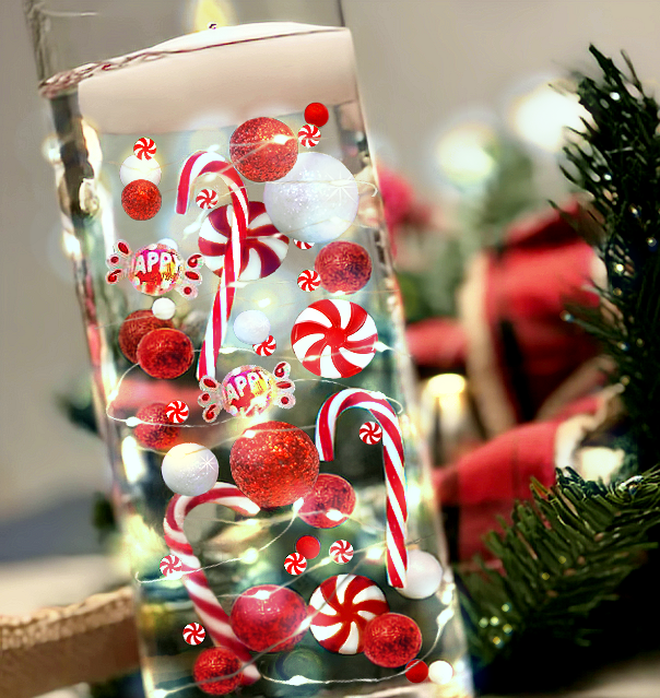 Candyland de Noël "Flottant" : Cannes de Bonbon, Sucettes, Perles Rouges & Blanches, avec Gemmes Festives - Décorations de Vase