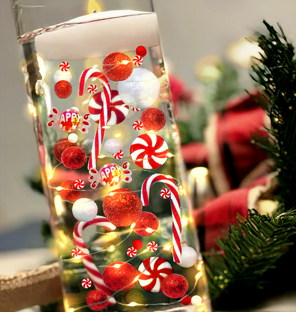 Candyland de Noël "Flottant" : Cannes de Bonbon, Sucettes, Perles Rouges & Blanches, avec Gemmes Festives - Décorations de Vase