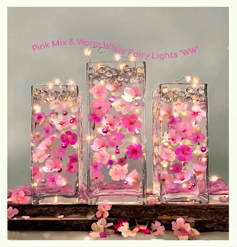 60 schwimmende rosa Kirschblüten, Blumen, Kieselsteine, & Perlen – Ergibt 1 Gallone des transparenten Wassergels für Ihre Vasen – Option auf 3 tauchfähige LED-Lichterketten/versteckbare & Tauchbatterien