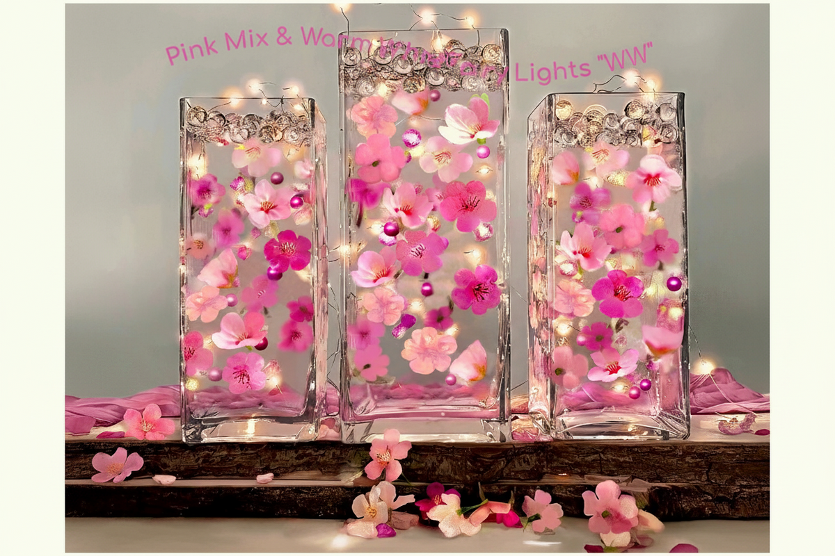 60 Floating Pink Cherry Blossoms Flowers, Matching Pebbles, and Pearls- Fills 1 Gallon of the Transparent Water Gels for your Vases- With Measured Prep Bag- Option of 3 Submersible Fairy Lights Strings