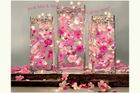 60 Floating Pink Cherry Blossoms Flowers, Matching Pebbles, and Pearls- Fills 1 Gallon of the Transparent Water Gels for your Vases- With Measured Prep Bag- Option of 3 Submersible Fairy Lights Strings