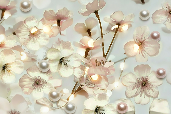 60 Floating Ivory White Light Pink Cherry Blossoms Flowers- Matching Pebbles & Pearls- Fills 1 Gallon of the Floating Transparent Water Gels for Your Vases- With Exclusive Measured Prep Bag- And Option of 3 Submersible Fairy Lights Strings