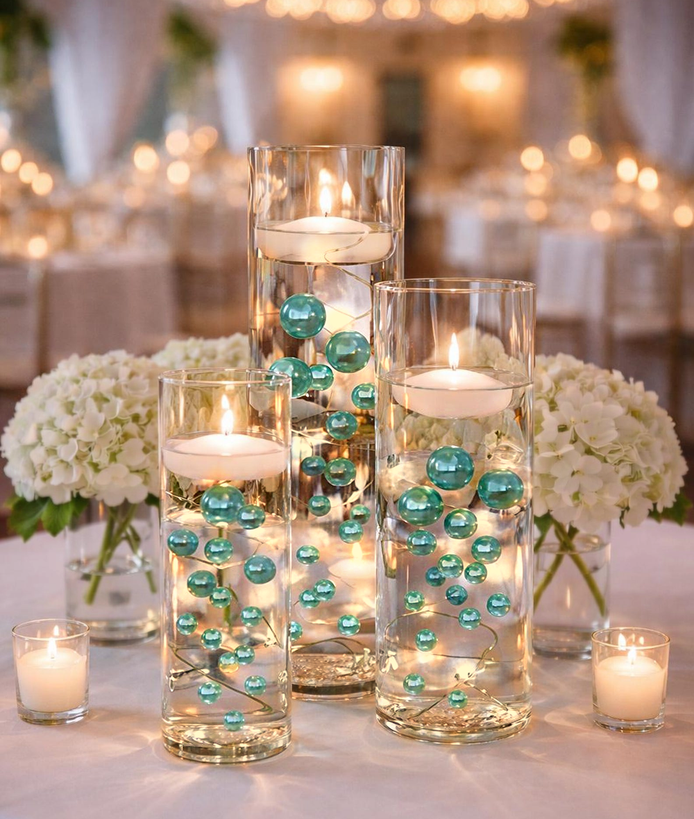 80 „Floating“-Türkis – Robin Egg Blue Pearls and Gems No Hole Jumbo & Assorted Sizes Vase Decorations + Enthält transparentes Wassergel zum Schwimmen der Perlen