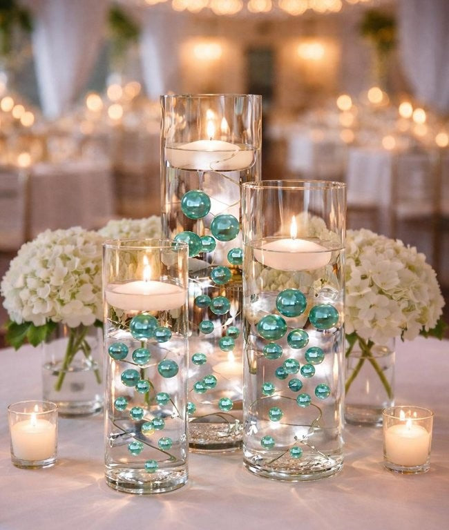 80 „Floating“-Türkis – Robin Egg Blue Pearls and Gems No Hole Jumbo & Assorted Sizes Vase Decorations + Enthält transparentes Wassergel zum Schwimmen der Perlen