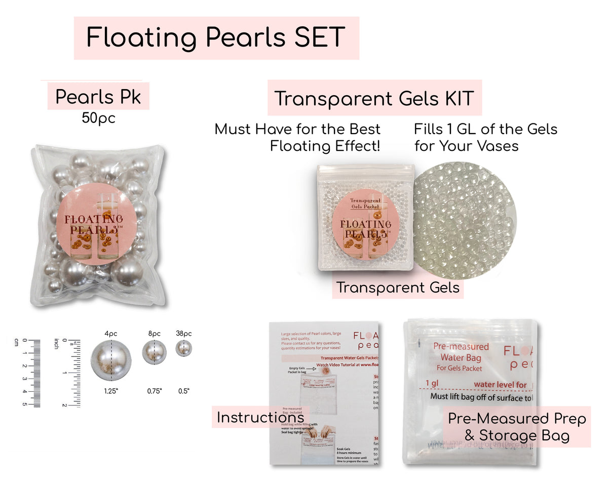 75 Gold Floating Pearls-Large Sizes-Fills 4 Medium Size Vases (1 Gal) of the Transparent Floating Gels-With Measured Prep Bag-Option of 3 Fairy Lights Strings