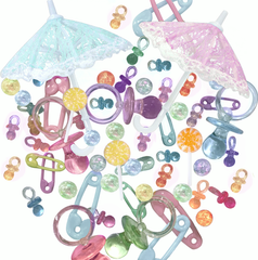 60 Floating Baby Shower- Gender Neutral Colors- Large Vintage Umbrellas- Pacifiers- Safety Pins- Fills 1 Gallon of the Floating Transparent Water Gels for Your Vases- With Exclusive Premeasured Prep Bag-  With Option of 3 Submersible Fairy Lights Strings