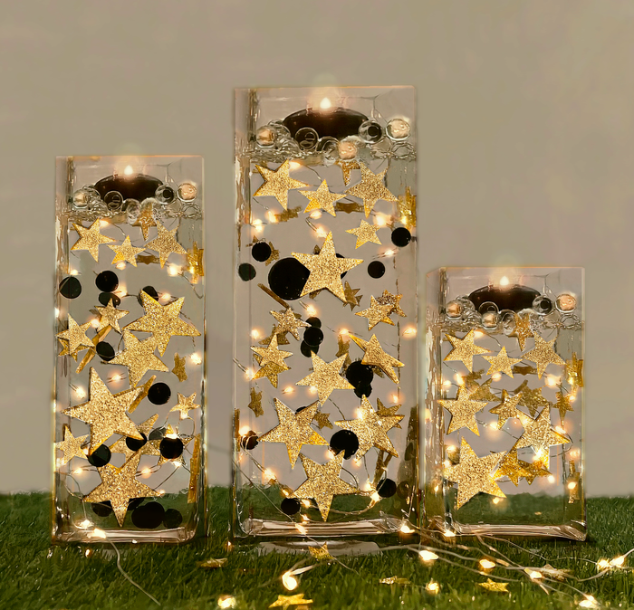 50 Floating Sparkling Gold Stars-Large Sizes-Fills 1 Gallon of Transparent Floating Gels for Your Vases - With Gels Measured Prep Bags - Option of 6 Submersible Fairy Lights Strings