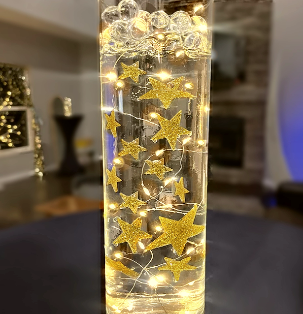 50 Floating Sparkling Gold Stars-Large Sizes-Fills 1 Gallon of Transparent Floating Gels for Your Vases - With Gels Measured Prep Bags - Option of 6 Submersible Fairy Lights Strings