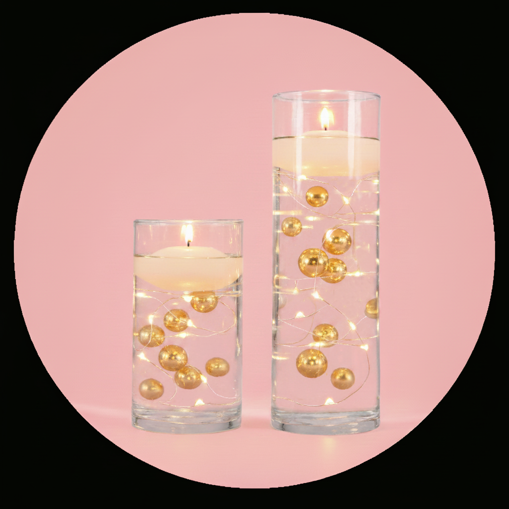 75 Floating Gold Pearls Large Sizes- Option of 3 Submersible Fairy Lights Strings Hidable Submersible Batteries- Fills 1 Gallon for Your Vases
