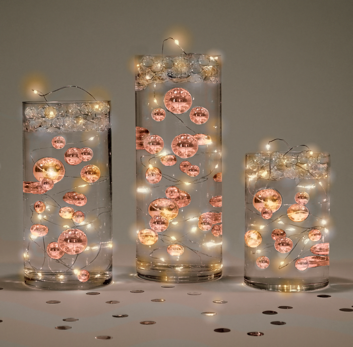 Floating Metallic Rose Gold Pearls - 1 Pk Fills 1 GL for Your Vase - With Transparent Gels Measured Kit - Option of Fairy Lights