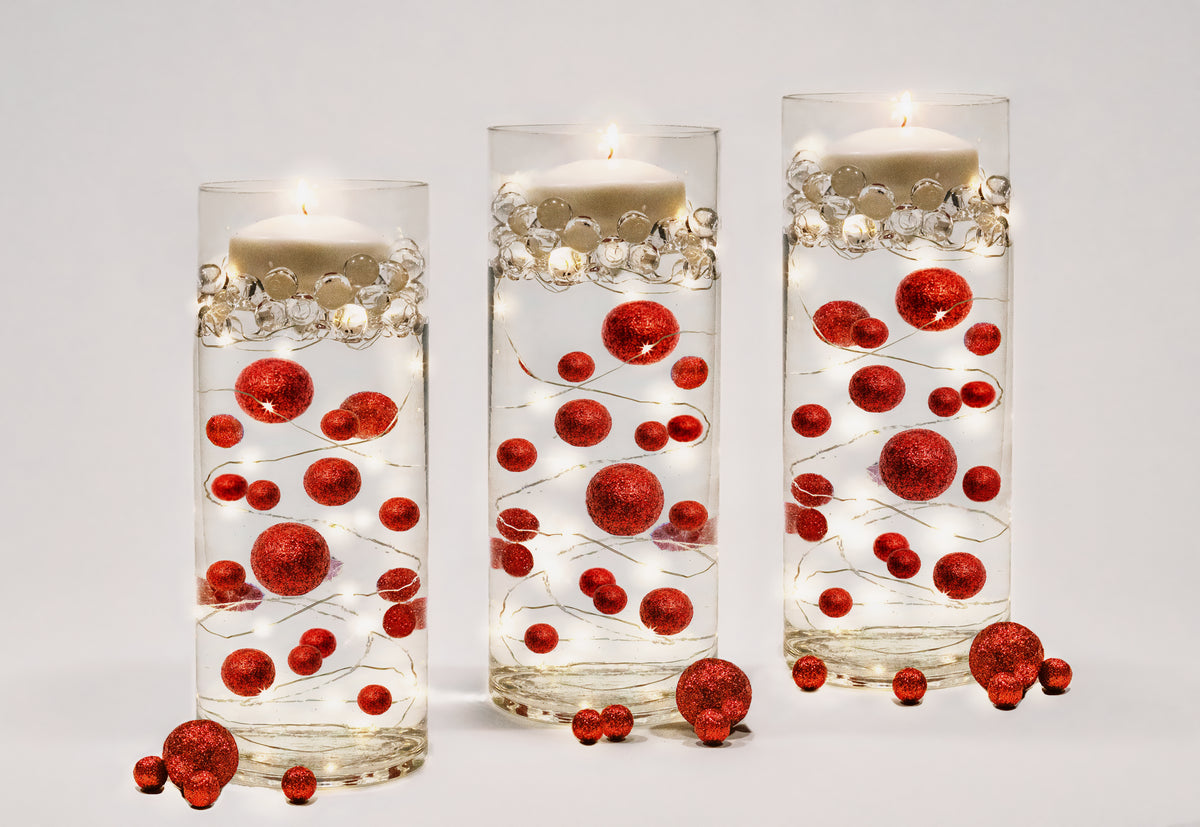 Floating Red Glitter Pearls-Including Transparent Gels Kits For Floating-Option of Submersible Fairy Lights-Vase Decorations