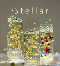 50 Floating Sparkling Gold Stars-Large Sizes-Fills 1 Gallon of Transparent Floating Gels for Your Vases - With Gels Measured Prep Bags - Option of 6 Submersible Fairy Lights Strings