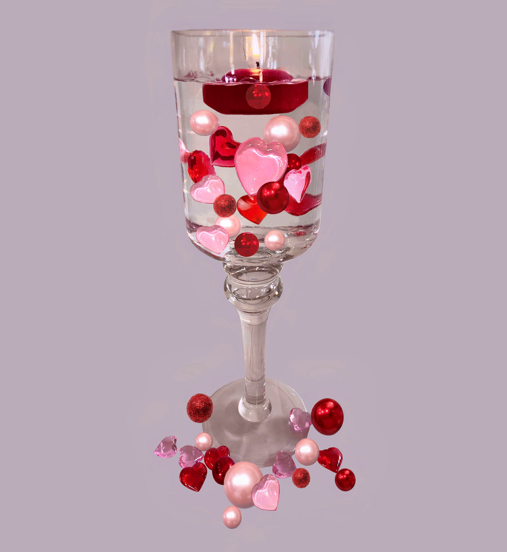 "Floating" Valentine Red & Light Pink Pearls with Matching Heart Gems – Jumbo/Assorted Sizes for Vase Decorations & Table Scatter