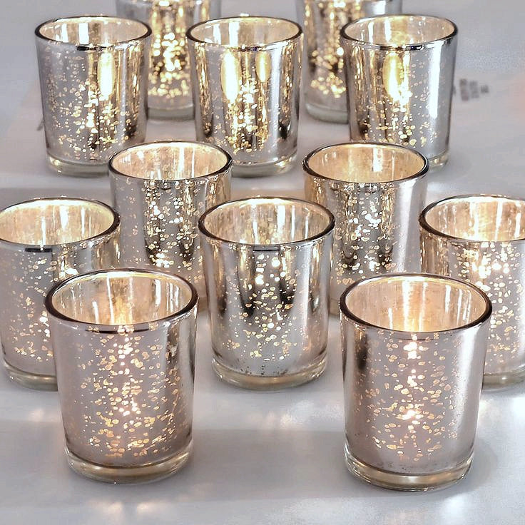 Porte-bougie votive et bougie chauffe-plat en verre argenté au mercure