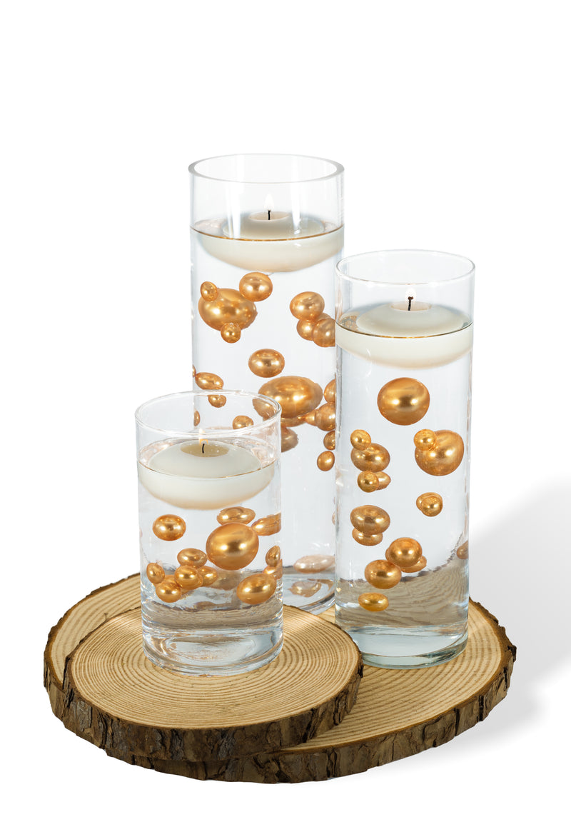 75 Gold Floating Pearls-Large Sizes-Fills 4 Medium Size Vases (1 Gal) of the Transparent Floating Gels-With Measured Prep Bag-Option of 3 Fairy Lights Strings