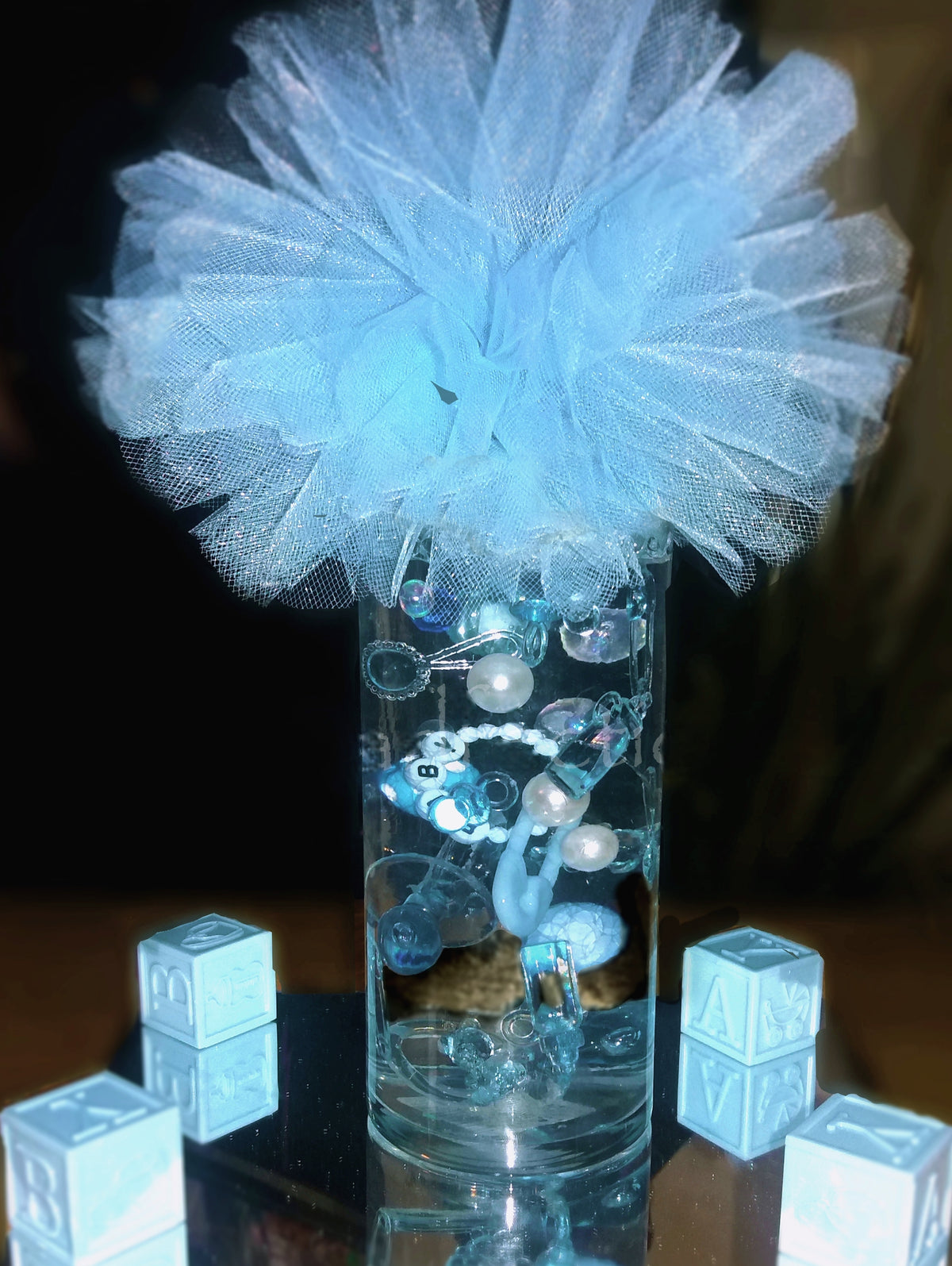 60 Floating Blue Baby Shower Pacifiers, Safety Pins, Umbrellas & More-Fills 1 Gallon of Floating Baby Decorations & Transparent Gels for Floating Effect for Vases-With exclusive Measured Floating Gels Prep Bag-Option: 3 Submersible Fairy Lights Strings