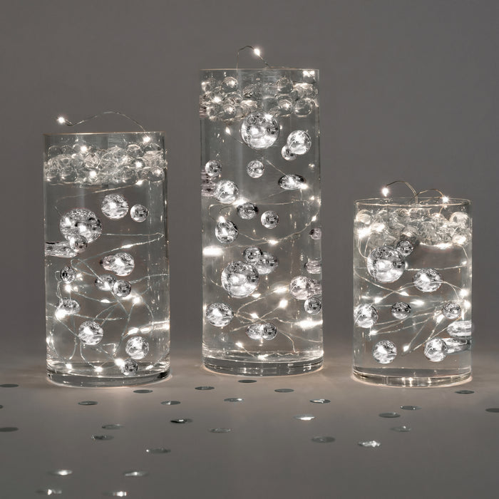 1 GL Floating Glitter Silver Pearls - Including Water Gels & Kit for the Floating Effect - Option of Submersible Fairy Lights - Centerpiece Decorations